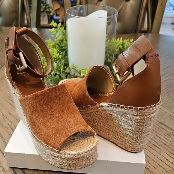 Brown Suede Espadrille Wedge Platforms Sandals Size 7.5 Marc Fisher - Picture 1 of 12